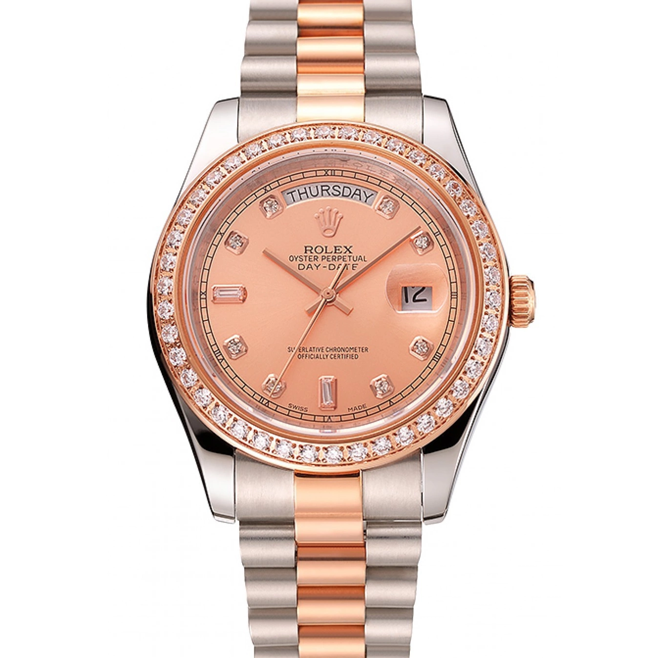 Aaa replica watch Diamonds Gold Staineless Bracelet Bezel Rolex Day-Date And Steel Rose 1454107 Swiss 0814